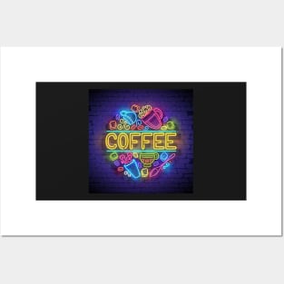 Coffee House Signboard Template with Cups, Swirl Hot Steam, Coffee Beans and Sugar Posters and Art